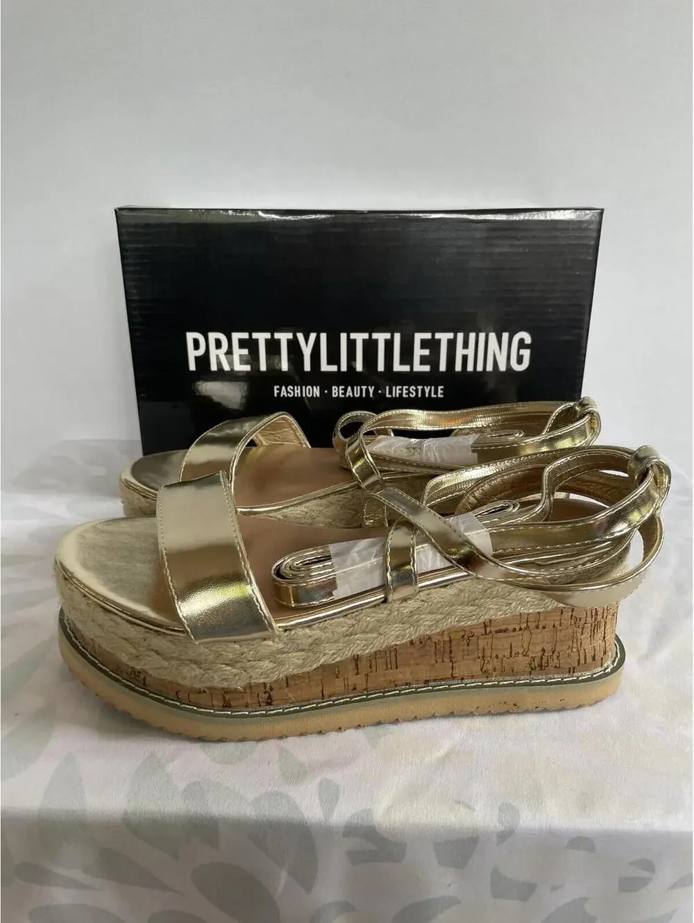 NIB Size 7 Pretty Little Thing Gold Espadrille Lace Up Platform Sandals